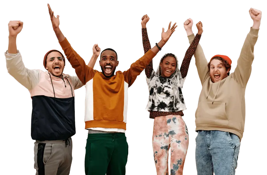 four young adults cheering